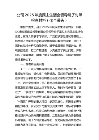 公司2025年度民主生活会领导班子对照检查材料