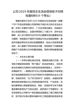 公司2025年度民主生活会领导班子对照检查材料(1)