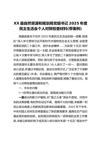 XX县自然资源和规划局党组书记2025年度民主生活会个人对照检查材料(带案例)