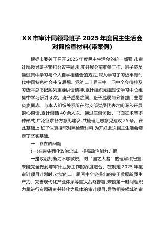 XX市审计局领导班子2025年度民主生活会对照检查材料(带案例)
