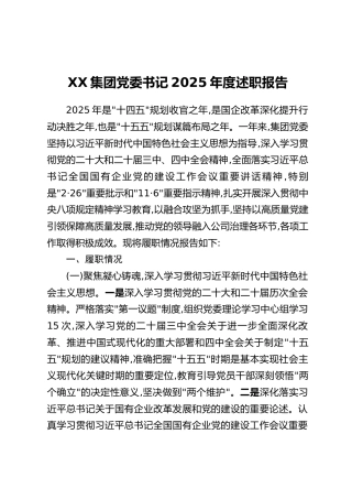XX集团党委书记2025年度述职报告