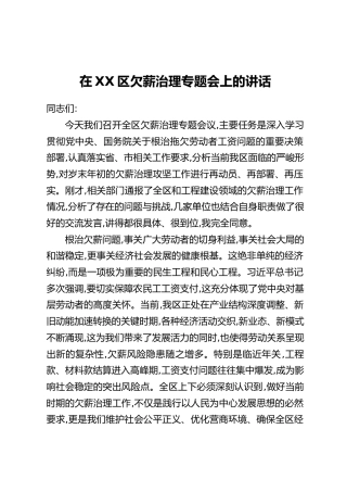 在XX区欠薪治理专题会上的讲话