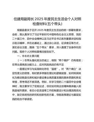 住建局副局长2025年度民主生活会个人对照检查材料(五个带头)