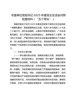 市直单位党组书记2025年度民主生活会对照检查材料（“五个带头”）