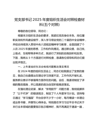 党支部书记2025年度组织生活会对照检查材料(五个对照)