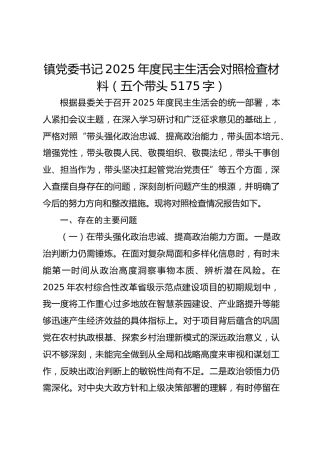 镇党委书记2025年度民主生活会对照检查材料（五个带头 5175字）