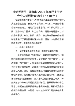 镇党委委员、副镇长2025年度民主生活会个人对照检查材料（4640字）
