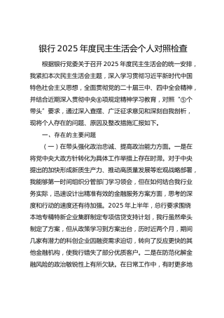 银行2025年度民主生活会个人对照检查2