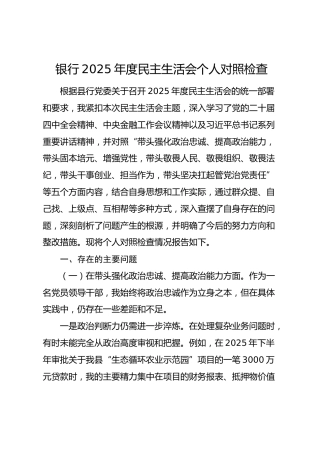 银行2025年度民主生活会个人对照检查