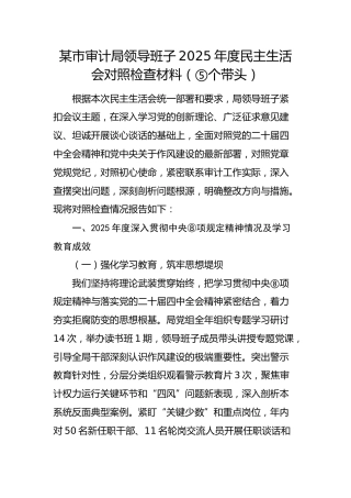 市审计局领导班子2025年度民主生活会对照检查材料（含典型案例分析）