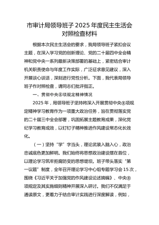 市审计局领导班子2025年度民主生活会对照检查（含反面典型案例剖析）