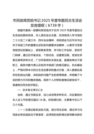 市民政局党组书记2025年度专题民主生活会发言提纲（6739字）