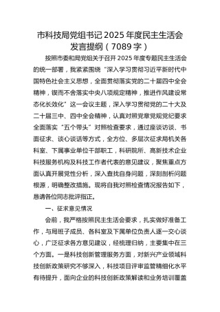 市科技局党组书记2025年度民主生活会发言提纲（7089字）