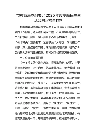 市教育局党组书记2025年度民主生活会对照检查2
