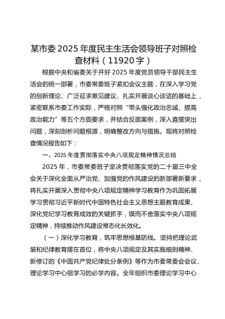 某市委2025年度民主生活会领导班子对照检查材料（11920字）