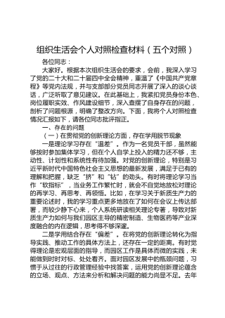 2025年度组织生活会个人对照检查材料（五个对照）