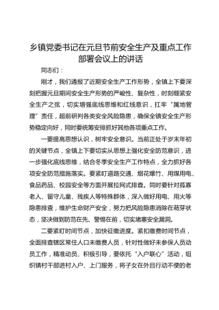乡镇党委书记在元旦节前安全生产及重点工作部署会议上的讲话-