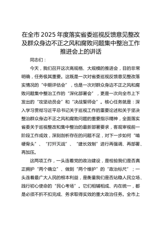 在全市2025年度落实省委巡视反馈意见整改及群众身边不正之风和腐败问题集中整治工作推进会上的讲话