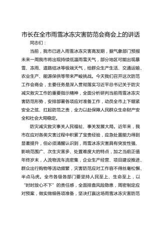 市长在全市雨雪冰冻灾害防范会商会上的讲话-