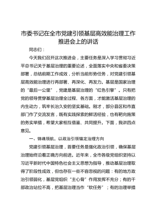 市委书记在全市党建引领基层高效能治理工作推进会上的讲话-
