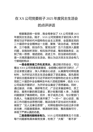 在XX公司党委班子2025年度民主生活会的点评讲话