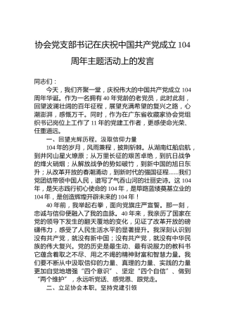 协会党支部书记在庆祝中国共产党成立104周年主题活动上的发言