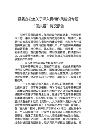 县委办公室关于深入贯彻作风建设专题“回头看”情况报告