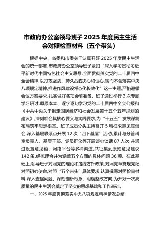 市政府办公室领导班子2025年度民主生活会对照检查材料（贯彻落实中央八项规定精神情况总结+五个带头+典型案例剖析）