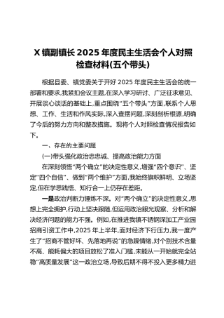 X镇副镇长2025年度民主生活会个人对照检查材料（五个带头）