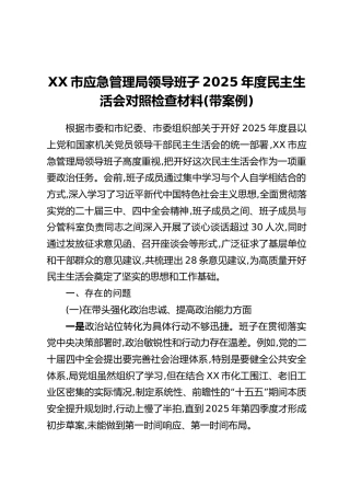 XX市应急管理局领导班子2025年度民主生活会对照检查材料（带案例）