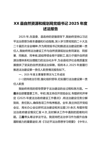 XX县自然资源和规划局党组书记2025年度述法报告