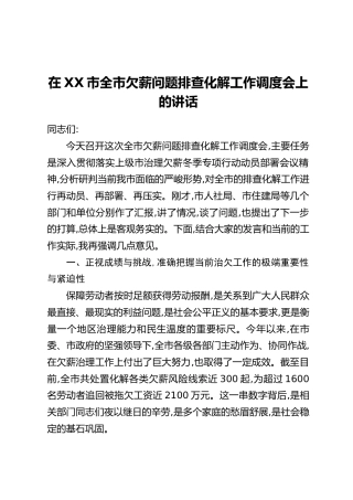 在XX市全市欠薪问题排查化解工作调度会上的讲话