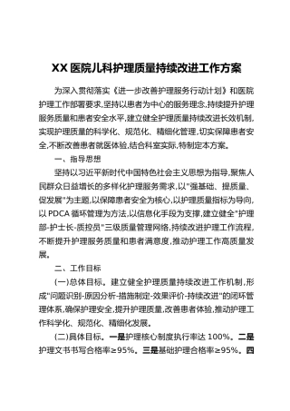 XX医院儿科护理质量持续改进工作方案