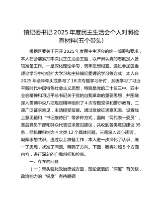 镇纪委书记2025年度民主生活会个人对照检查材料(五个带头)