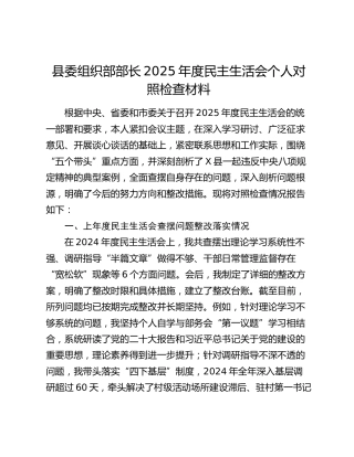 县委组织部部长2025年度民主生活会个人对照检查材料（上年度查摆问题整改落实情况+五个带头+典型案例剖析）