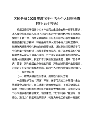 区税务局2025年度民主生活会个人对照检查材料(五个带头)