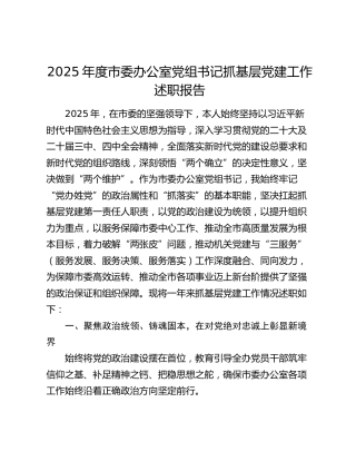 2025年度市委办公室党组书记抓基层党建工作述职报告