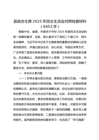 县政协主席2025年民主生活会对照检查材料（6453字）