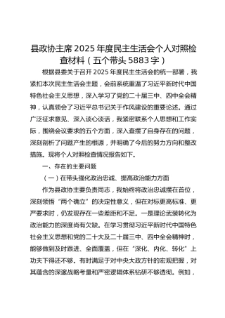 县政协主席2025年度民主生活会个人对照检查材料（五个带头 5883字）