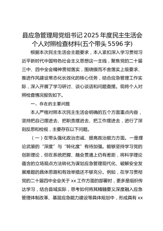 县应急管理局党组书记2025年度民主生活会个人对照检查材料(五个带头 5596字)