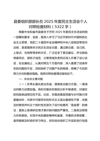 县委组织部部长在2025年度民主生活会个人对照检查材料（5322字）