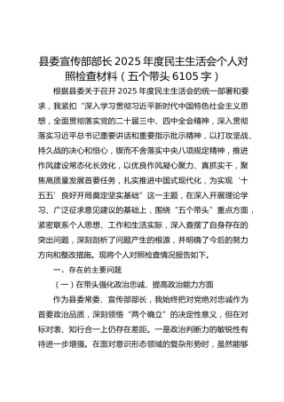 县委宣传部部长2025年度民主生活会个人对照检查材料（五个带头 6105字）