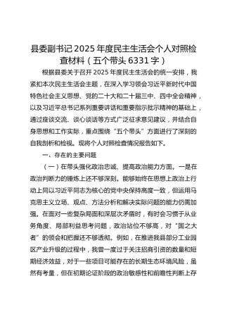 县委副书记2025年度民主生活会个人对照检查材料（五个带头 6331字）