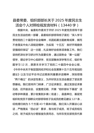 县委常委、组织部部长关于2025年度民主生活会个人对照检视发言材料（13440字）