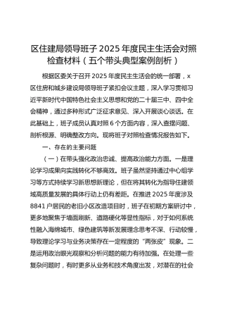 区住建局领导班子2025年度民主生活会对照检查材料（五个带头典型案例剖析）