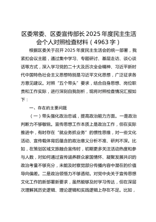 区委常委、区委宣传部长2025年度民主生活会个人对照检查材料（4963字）