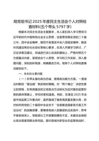 局党组书记2025年度民主生活会个人对照检查材料(五个带头5797字)