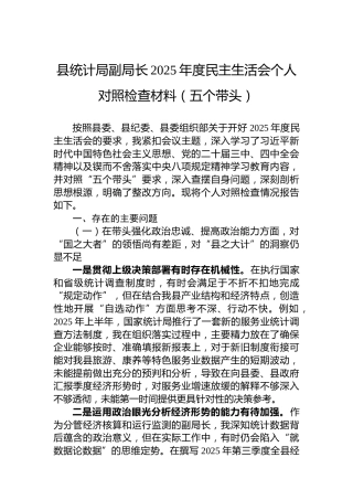 县统计局副局长2025年度民主生活会个人对照检查材料（五个带头）