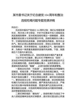 某市委书记关于纪念建党104周年和整治违规吃喝问题专题党课讲稿