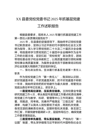 XX县委党校党委书记2025年抓基层党建工作述职报告